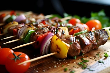 Shish kebab on the grill, grilled meat with vegetables, shashlik kebab on skewers wooden kitchen board