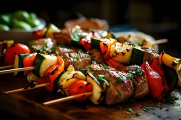 Selbstklebende Fototapeten Shish kebab on the grill, grilled meat with vegetables, shashlik kebab on skewers wooden kitchen board © Hawk