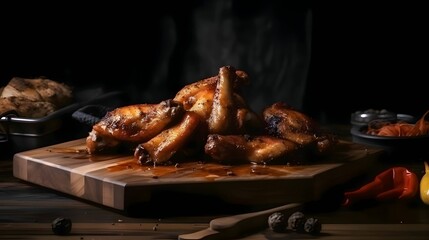Grilled chicken wings on grill roasted chicken with rosemary baked chicken thighs on wooden board