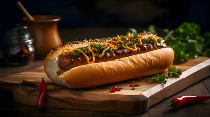 Hot dog with mustard, ketchup, cucumber and tomato on kitchen wooden board