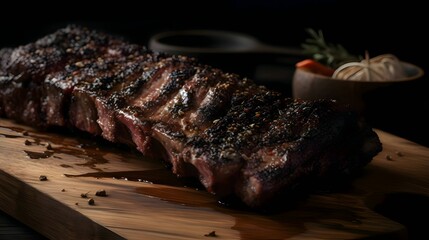 Grilled beef steak with rosemary, lamb chops, pork ribs, cutting kitchen wooden board.
