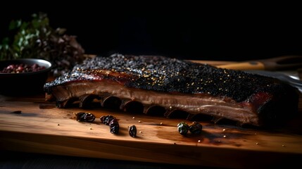 Grilled beef steak with rosemary, lamb chops, pork ribs, cutting kitchen wooden board.