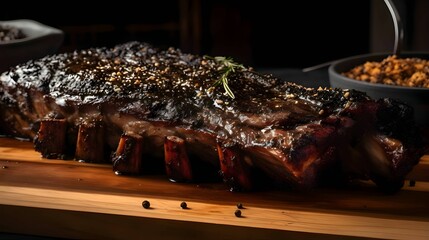 Grilled beef steak with rosemary, lamb chops, pork ribs, cutting kitchen wooden board.