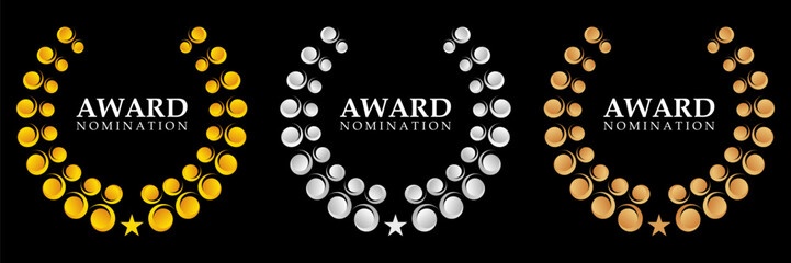 Golden, silver and bronze award signs with black background.