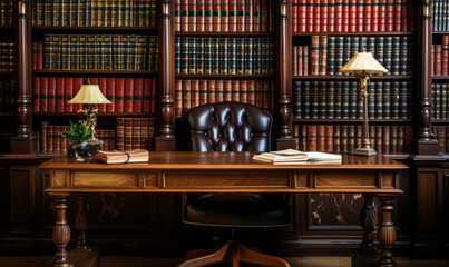 Classic Library Interior with Dark Wood Bookshelves Full of Leather-Bound Books and Desk with Reading Lamp - obrazy, fototapety, plakaty