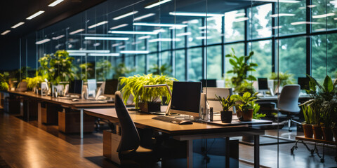 Modern Corporate Office Interior with Glass Partitions, Wooden Workstations, Plants, and Computers, Highlighting a Clean, Organized, and Professional Business Environment - Powered by Adobe