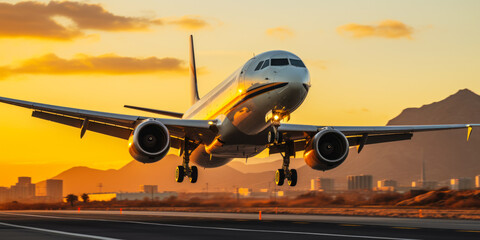 Fototapeta na wymiar Commercial Airplane Taking Off from Runway at Sunset with Cityscape and Mountains in Background
