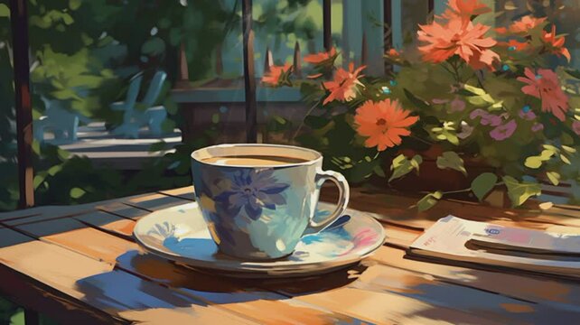 : A cup of coffee on a table with a view of flowers and butterflies. Seamless looping time-lapse animation background Generated AI  
