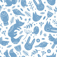 Winter seamless pattern with animals and plant in Scandinavian style. Vector hand-drawn texture with blue silhouettes of animals and birds with Scandi ornaments for textile or wrapping paper