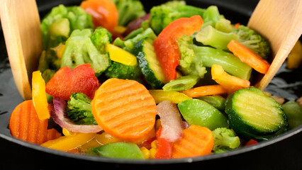 Cooking sliced vegetables in pan. Healthy food, vegetarian cuisine