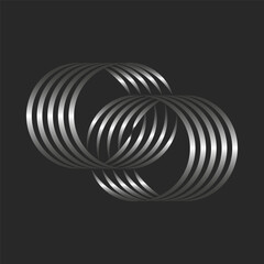 Two circles logo from overlapping parallel lines silver gradient, minimal style circular smooth shape. - obrazy, fototapety, plakaty