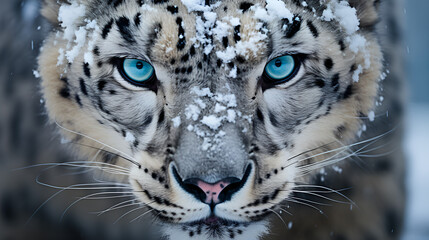 Portrait of a fierce and curious Snow Leopard, Stunning Snow Leopard Portrait, Wild Snow leopard during snowfall, Portrait of a fierce and curious Snow Leopard
