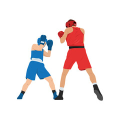Two boxers fighting. Battle spectacle event with knockdown between professional sportsmen in sportswear. Flat vector illustration isolated on white background