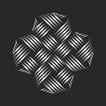 Intertwined weaving pattern Celtic cross shape logo for a jewelry store or workshop, overlapping thin parallel lines of silver threads.