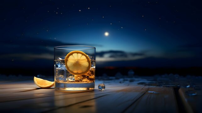 Glass with water, ice and lemon on wooden table, moon in the sky in the background. Glass of whiskey