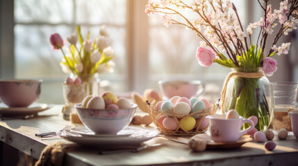 close up of easter table setting with spring bouquet and easter eggs, easter morning 