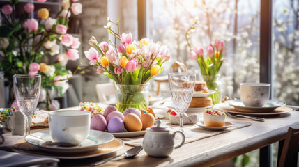easter table setting with spring bouquet and easter eggs, easter morning  - Powered by Adobe