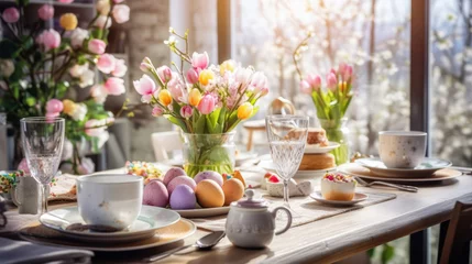 Tuinposter easter table setting with spring bouquet and easter eggs, easter morning  © Anastasia Shkut