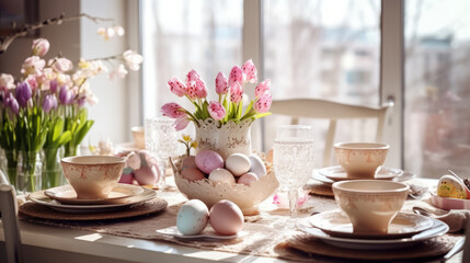 easter table setting with spring flowers and easter eggs, easter breakfast