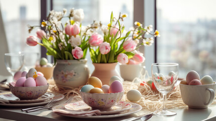 Obraz na płótnie Canvas easter table setting with spring flowers and easter eggs