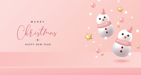 Christmas banner with snowman on pink background. Vector illustration for poster, flyer, banner, greeting card and advertisement.
