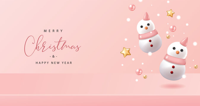 Christmas banner with snowman on pink background. Vector illustration for poster, flyer, banner, greeting card and advertisement.