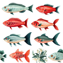 Fish isolated on white cartoon repeat pattern