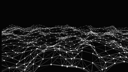 Abstract black background with a dynamic white dots and line wave animated background. Network connection dots and lines. Plexus. 3d rendering. 4k animation.
