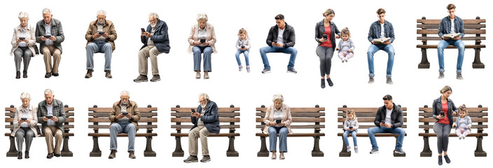 ベンチに座ってスマホを見る人々切抜き素材集（背景透過）
