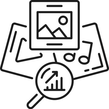 Content audit. Web audit icon. Website traffic audit, online company content research or SEO data analysis outline vector icon or thin line symbol media and photos pictograms, magnifying glass
