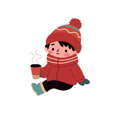  little boy in warm winter clothes sitting on the ground and drinking coffee. Vector illustration