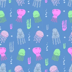 Fototapeten Seamless pattern with jellyfish in a cute hand-drawn style on blue background. Sea animal pattern for children illustration. Vector illustration. © Kidzkamba
