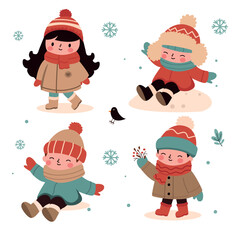 Set of cute children in winter clothes. Vector illustration in cartoon style.Set of cute children in winter 