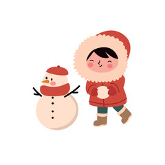  little girl and snowman in winter clothes. Vector illustration.