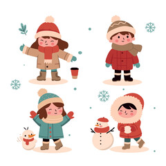  children in winter. Vector illustration in flat style.