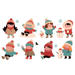 little children in winter clothes. Cartoon characters. Vector illustration.