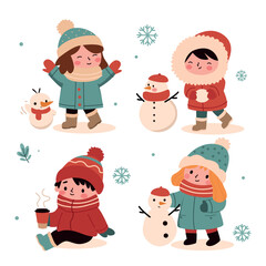 set kids in warm winter clothes, vector illustration. Winter fun.