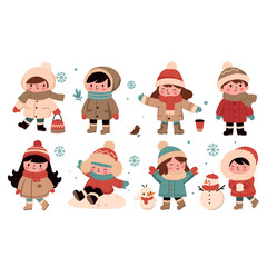 children in warm clothes. Winter activities. Vector illustration.