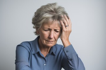Tired elderly woman holding his head in hands