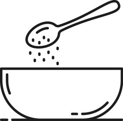 Baking ingredient, adding sugar to bakery food. Vector home bakery and pastry food, sweetener add in plate outline icon. Sweet dough in bowl