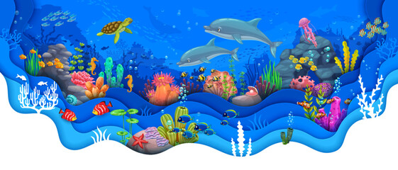 Underwater paper cut landscape with dolphin, turtle, seaweeds and fish shoals. Marine animal and plant scene, ocean aquatic life vector backdrop with sea bottom wildlife animal, corals and seaweeds - obrazy, fototapety, plakaty
