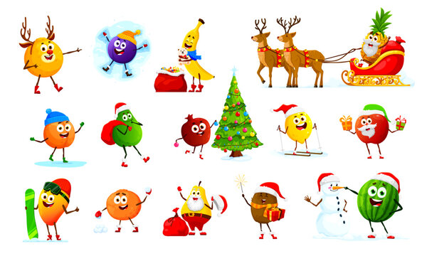 Christmas holiday fruits characters. Cute berry food vector personages of cartoon pineapple Santa with Xmas tree, reindeers and sleigh, orange, apple, banana, peach and mango with gifts and snowman