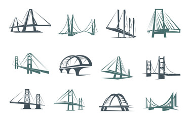 Bridge icons, construction, building and architecture vector symbols. Business and technology company signs of bridge or road gate towers with arches, connection, transportationicons - obrazy, fototapety, plakaty