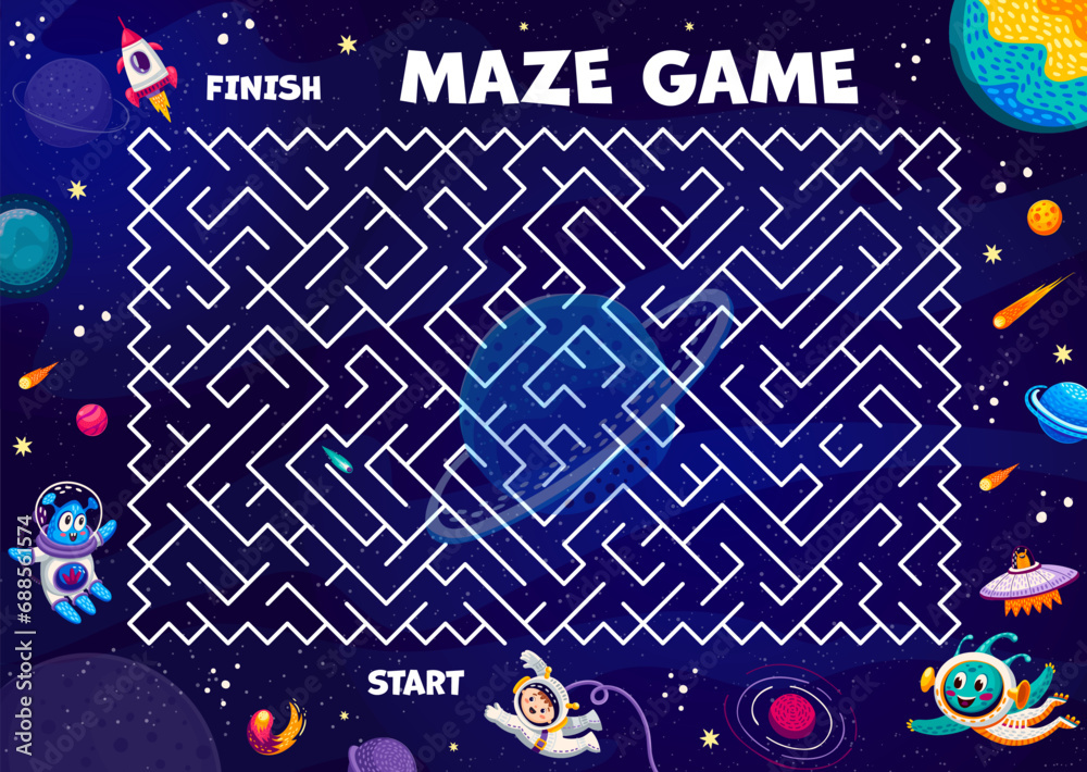 Poster Galaxy labyrinth maze game, help to astronaut find rocket in outer space, vector puzzle worksheet. Kids quiz to help to spaceman find way to space rocket on galaxy planet on cartoon labyrinth maze