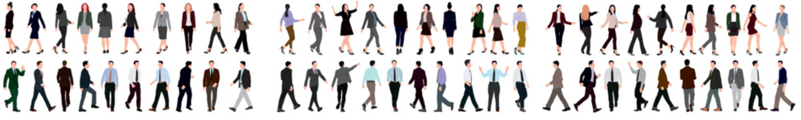 Set of business people walking and standing. Huge collection of businessman and woman.  Men and women in full length. Inclusive business concept. Vector illustration isolated on white background. - obrazy, fototapety, plakaty