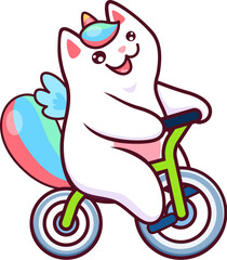 Cartoon kawaii caticorn cat and kitten pet character pedaling bicycle with joy, spreading cuteness around. Isolated vector magic unicorn kitten, fantasy animal personage riding bike with happy face