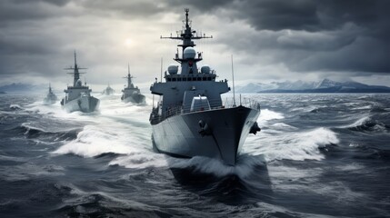 Warship Fleet: Modern Navy Ships Sailing the Sea - obrazy, fototapety, plakaty