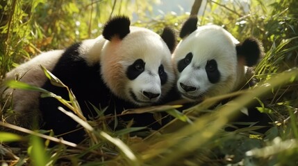 Naklejka premium Pandas in East Asian Forest: Tranquil Habitat Among Bamboo