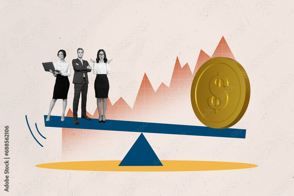 Poster Horizontal photo collage of three young successful finance workers stand on scale with giant golden coin chart statistics on beige background