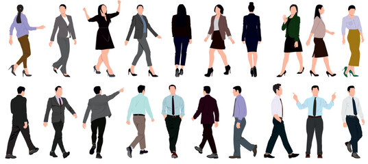 Fototapeta na wymiar Set of business people walking and standing. Collection of businessman and woman. Men and women in full length. Inclusive business concept. Vector illustration isolated on white background.